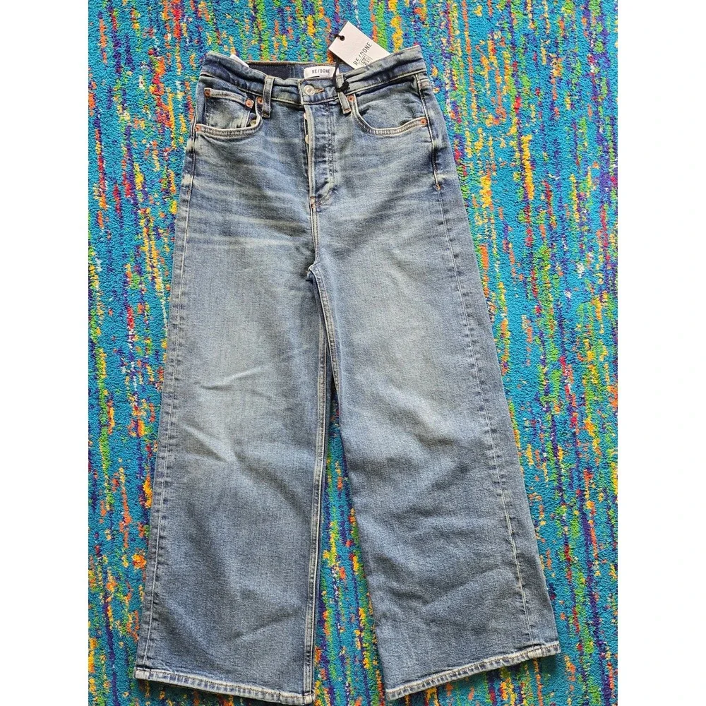 NWT RE/DONE High Rise Wide Leg Crop Jeans Crafted Indigo Blue Womens Size 25
